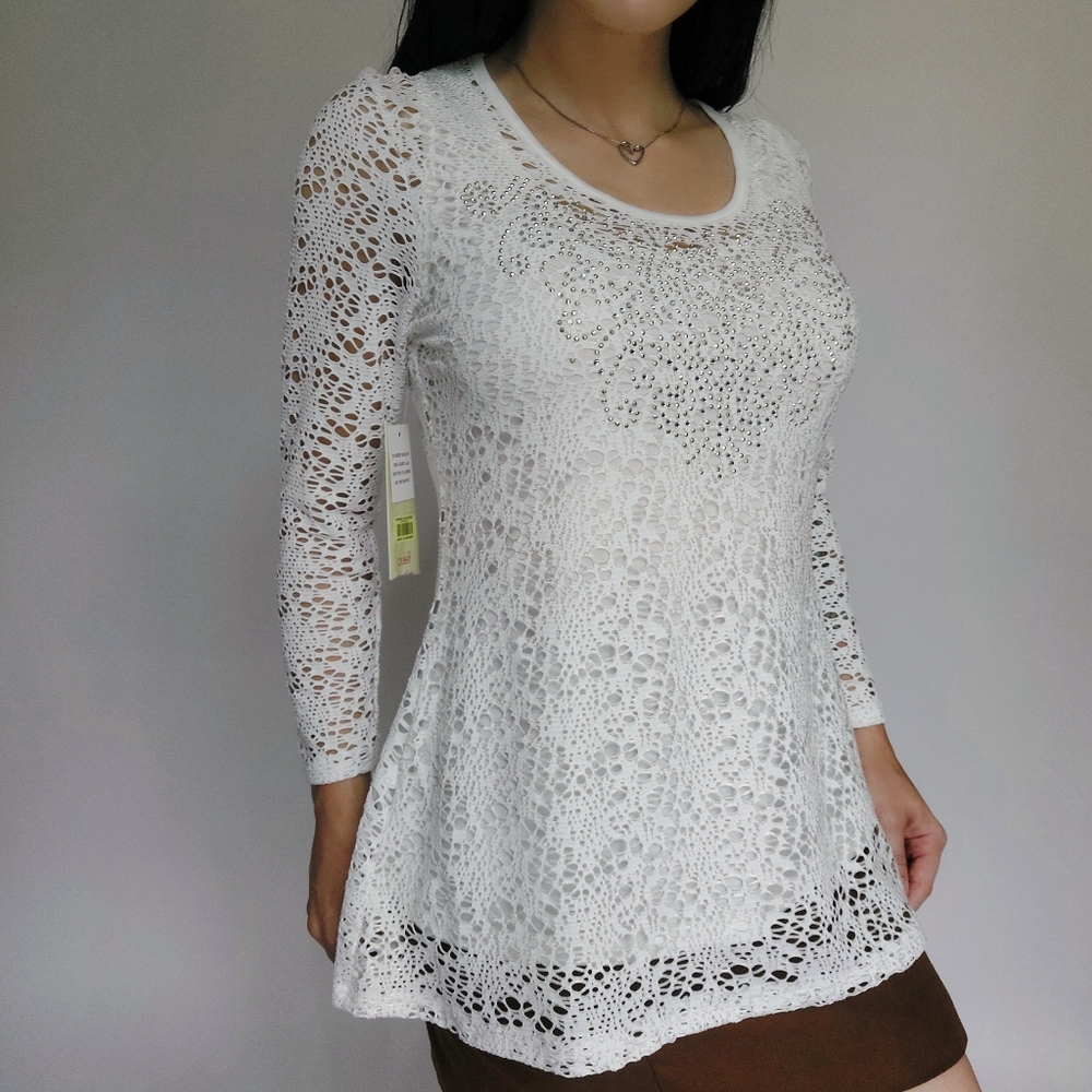 New Reba McEntire Blouse Lace Rhinestone Flared Hem Y2K 2000's Small Deadstock